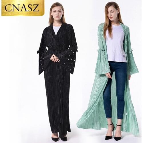 Abaya dubai muslim fashion loose trend beaded horn pearls long sleeve turkish islamic clothing for women
