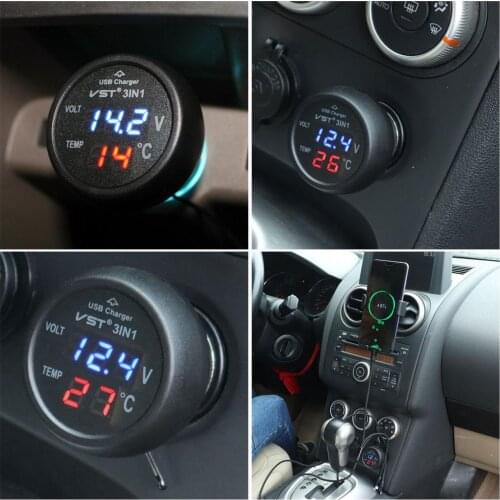 3 In 1 Car Charger USB Quick Charge Temperature Voltage LED Display Splitter Cigarette Lighter Socket For 12-24V Car Truck SUV