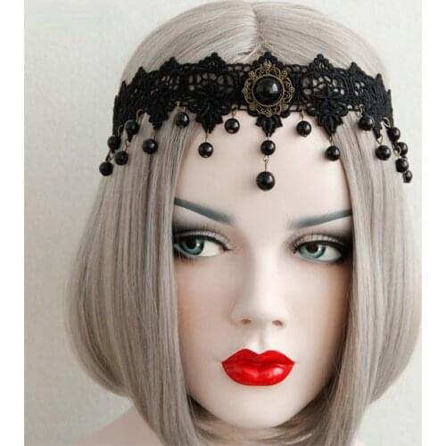 Beads Black Hairbands For Women Girls Neo-Gothic Flower Lace Tiara Headdress Female Halloween Party Fashion Noble Jewelry