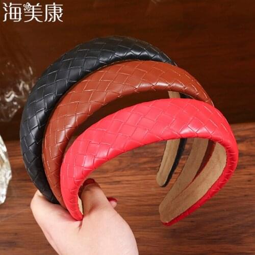 Haimeikang New Fashion Wide Side Hairband Casual PU Artificial Leather Headband Simple Classic Solid Glossy Hair Accessories