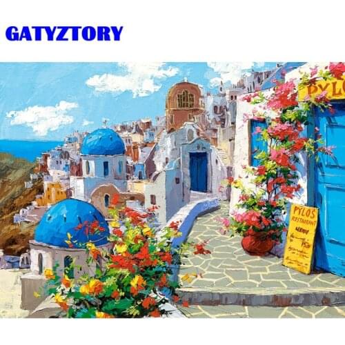 GATYZTORY DIY Frame Oil Painting By Numbers Santorini Seascape Acrylic Drawing Canvas Picture For Adults Home Decoration Gift