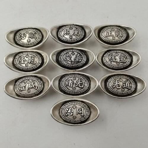 Collection Chinese Archaize Ten Emperors of the Qing Dynasty White Copper Silver Plated 2 Two Ingots Statue Decoration