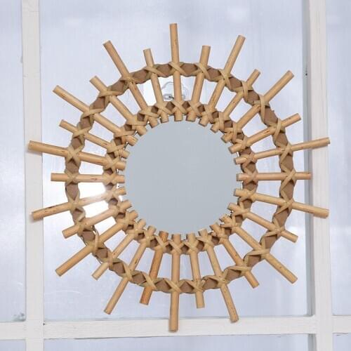 Rattan Round Makeup Mirror Innovative Art Decoration Dressing Bathroom Wall Hanging Mirrors Crafts
