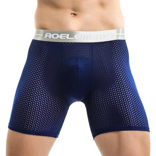 L-6XL Mens Boxers Underwear Sexy Ice Silk Mesh Panties Man Breathable Pouch Middle Long Leg Underpants Male Trunk Large Size