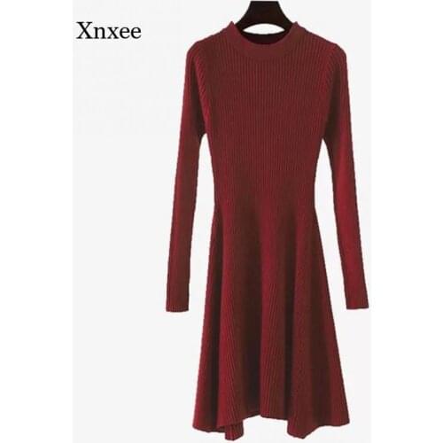 Autumn and Winter Womens Long-Sleeved Sweater Dress Irregular Hem Casual Dress Womens O-Neck Short Mini Knitted Dress