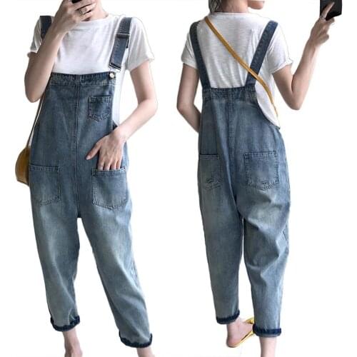 Casual Loose Danim Overalls for Women 2020 New Lady Blue Pockets Denim Overall Jumpsuit Rompers Femme Ninth Pants Female Pants
