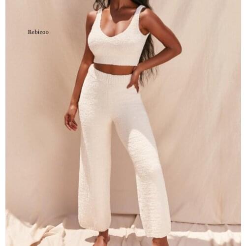 Fluffy Two Piece Set Lounge Sexy 2 Piece Set Women Sweater Knit Set Tank Top and Pants Casual Homewear Outfits Home Suit