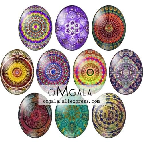 Colorful Religious mandala flower patterns mixed 13x18mm/18x25mm/30x40mm Oval photo glass cabochon flat back Making findings