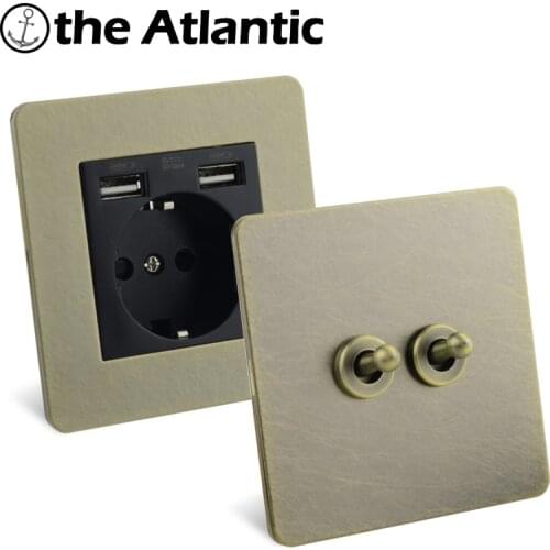 Retro Toggle Light Switch Wall Power Socket With USB Vintage Outlet Lamp Light Solid Lever RJ45 TV EU France Brushed Metal