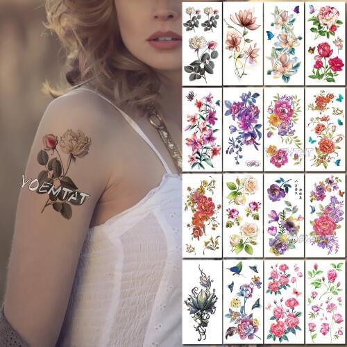 Dark Rose Flower Temporary Tattoos for Women Tattoo Sticker 3D Summer Style Body Chest Neck Art Waterproof Arm Fake Tatoo