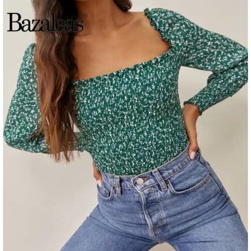 2021 Women Elastic Shirt Green small Floral Print Women Blouse Palace Square Collar Blouse