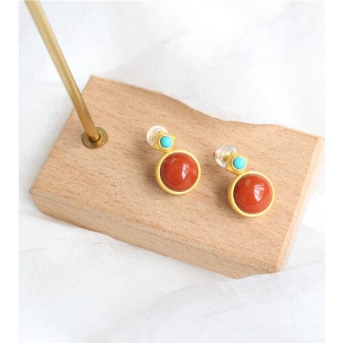 S925 Sterling Silver Natural Hetian Jade Green Jade White Jade Southern Red Agate Stud Earrings for Women Fashion Popular Retro