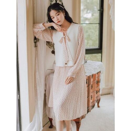 2 Piece Set Women Outfits Bow Neckline Cute Chiffon Floral Pleated Korean Loose Sweet Dress+Solid Color Sweater Cardigan Vest
