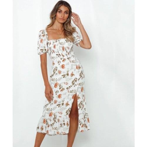 Ardm Elegant Square Collar Floral Print платья для женщинFlower Short Sleeve Split Maxi Dress Vintage Ladies Party Dresses