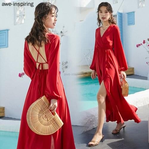 Maxi Dress Summer 2021 Elegant Runway Party Dress Korean Vintage Chiffon Tropical Beach Vacation Long Red Backless Red Vestidos