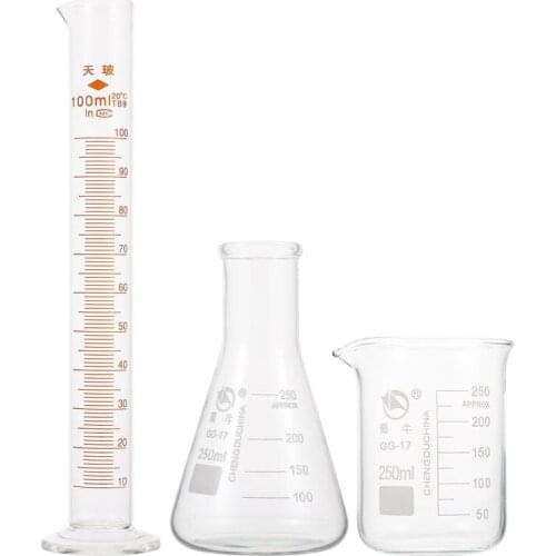 1 Set Scientific Teaching Tool Glass Beaker Measuring Cylinder Conical Bottle