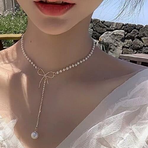 1 Pcs Women Necklaces Exquisite Pearl Bowknot Pendant Crystal Clavicle Chain Gold Necklace Fashion Birthday Gift Party Jewelry