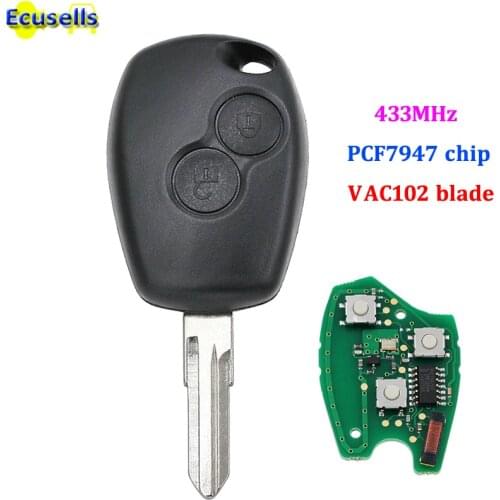 2 Buttons Remote Key fob 433MHz for Renault with PCF7947 chip with VAC102 uncut key blade