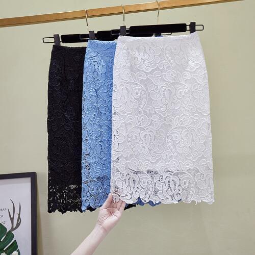 2020 summer hollow lace temperament package hip skirt slim slim Knee-Length Casual Polyester Pencil Solid