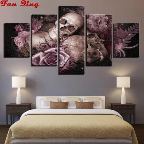 5 pcs Full DIY 5D Diamond Painting Pink rose and skull Cross Stitch round Diamond Embroidery Patterns rhinestones Diamond Mosaic