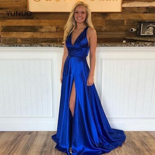 YUNUO V-Neck Long Prom Dress Criss Cross Royal Blue High Slit A Line Formal Evening Dresses Vestidos de Fiesta Satin Gowns