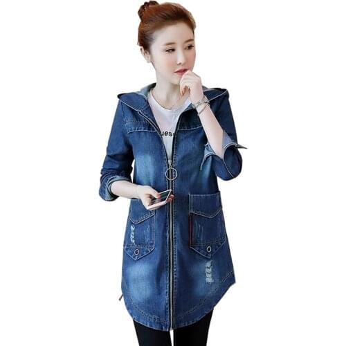Women plus size Denim Jacket Mid-length Spring Autumn Outerwear Fashion Loose Hooded Windbreaker Female Coats Ladies Overwear