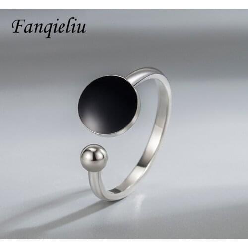 Fanqieliu New Arrivals Black Round Open Cool 925 Sterling Silver Ring For Women FQL21350