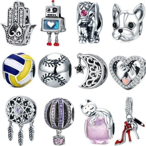 INBEAUT Women Beads for Jewelry Making 925 Sterling Silver Cute Robot Cat Dog Round Ball Charms fit Brand Bracelet DIY Gifts