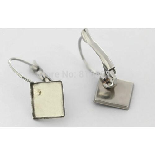 Stainless Steel Ear Clip Wire Hook Earrings Settings French Lever Back 9.8mm Square Bezel Cabochons Bases Blank DIY Findings