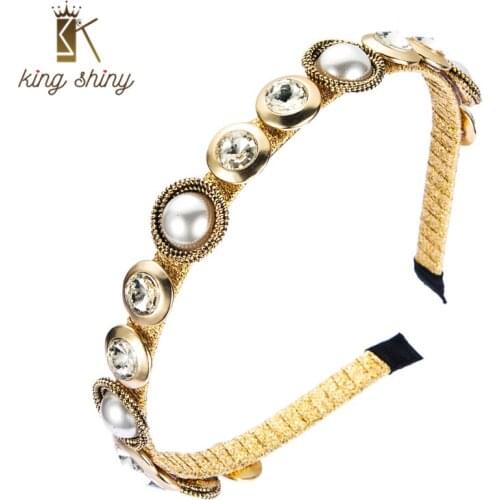 King Shiny Baroque Imitation Pearl Headband for Woman Vintage Geometric Crystal Beaded Hairband Girls Party Headwear Tiara Crown