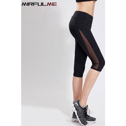 Summer Women Cropped Yoga Pant Gym Workout Bottom Mesh Sport Leggings Skinny Capris 3/4 Running Trouser Slim Crop Fitness Tights