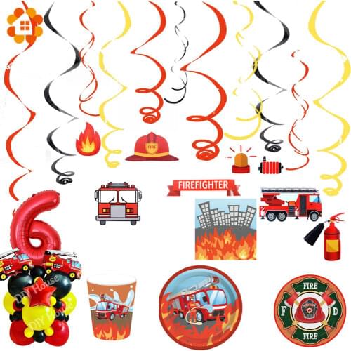 Set of Firefighter Party Decorations DIY Spiral Ornaments Swirl Decorations Fire Theme Party Supplies Kids Birthday Decorations
