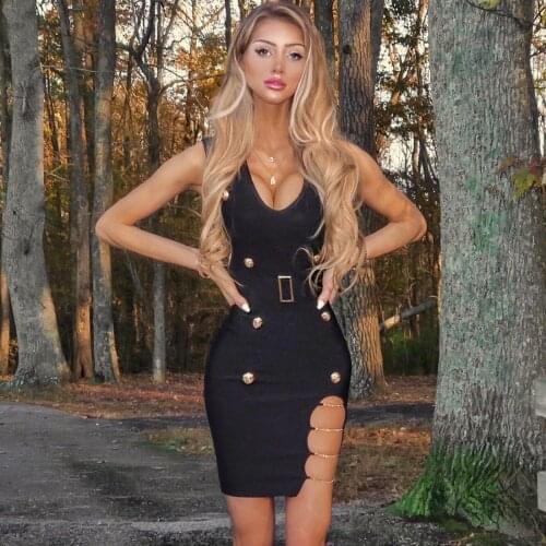 New Summer Fashion Sexy V Neck Chain Button Black Bodycon Bandage Dress 2021 Celebrity Designer Fashion Party Dress Vestido