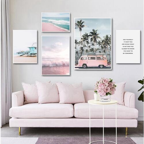 Ocean Landscape Canvas Poster Nordic Style Beach Pink Bus Wall Art Print Painting Decoration Picture Scandinavian Home Decor