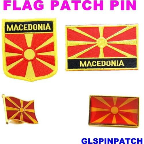 Macedonia FLAG Patch Rectangle Lapel Pin iron-on embroidered applique Hook Loop Badge