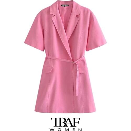 TRAF Za Fashion With Belt Fitted Linen Mini Dress Vintage Crossover V Neck Short Sleeve Female Dresses Vestidos