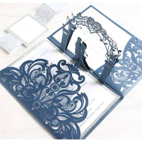 Navy blue invitation wedding with glitter silver backing belly band ball party supply personalized design