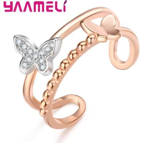 Simple Design Exquisite Dould Butterfly Shaped Ring Rose Gold CZ Rings For Women Party Wedding Ring Jewelry Free Ship