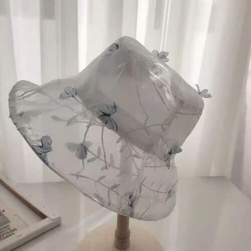 Womens Summer Lace 3D Butterfly Embroidery Hat Korean-Style Fashion Elegant Elegant Topee Silk Fabrics Gauze Big Brim Sun