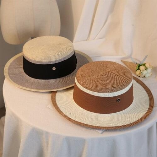 Color Matching Little Fragrance British Flat Top Straw Hat Girl Summer Little Fresh Travel Sun Hat Korean Versatile Beach Hat