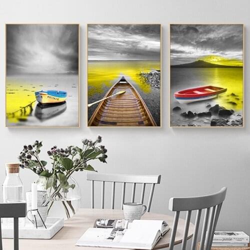 Nordic Modern Black White Seaview Color Boat Landscape Canvas Painting Poster Prints Wall Art Living Room Picture Home Decor