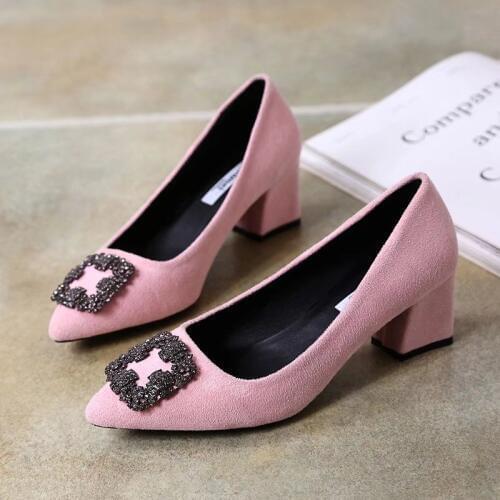 Wedding Shoes Pointed Toe Rhinestone Buckle Single Shoes Party Pumps Fashion Sexy Was Thin Square Heel High Heels 6 Cm U14-74