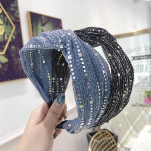 High-end hair accessories womens pleated sequins middle cross wide side headband headband fashion wild girl hair band headwear