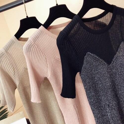 2021 Womens Round Neck Short-Sleeved Western-Style Bottoming Shirt Bandeau Stitching Glitter Silk Bright Korean