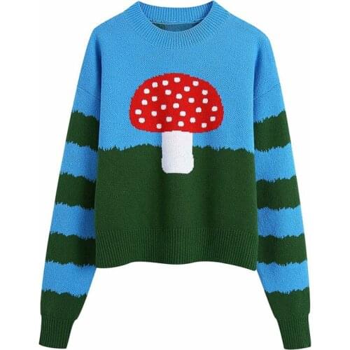 Evfer Womens Cute Knitted Cartoon Mushroom 2021 Za Blue Short Sweaters Girls Casual Back Green Plaid Long Sleeve Autumn Pullover