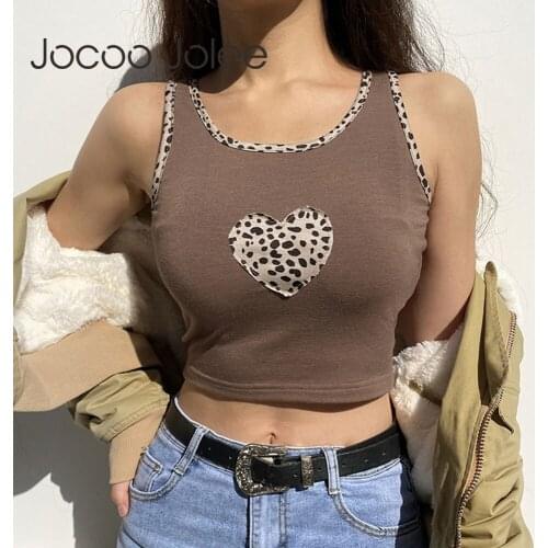 Jocoo Jolee Women Leopard Heart Patches Vintage Tank Tops Casual Sleeveless Cute Crop Tops Sexy Y2K Patchwork Tanks Shirts