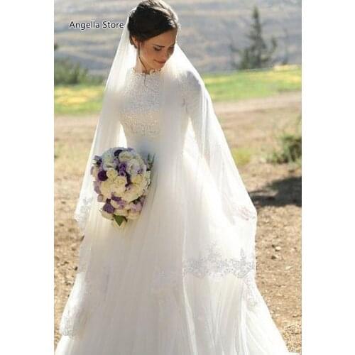 Modest Muslim Wedding Dresses High Neck Hlaf Sleeve Sweep Train Lace Tulle Country Garden Bridal Gowns Vestido de Novia