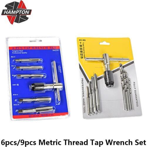 Hampton 6pcs/9pcs Metric Thread Tap Wrench Set Adjustable T Handle Tap Wrench M3-M12 Screw Tap Drill Bits T Type Tap Reamer