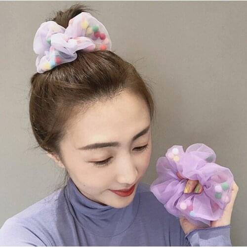 Korean Ins Net Yarn Colorful Hairball Hair Ring Large Intestine Ring Women Girls Hair Accessories Headwear Rubber Band Wholesale