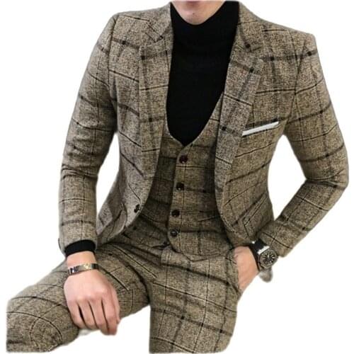 Handsome Big Grid Mens Business Suits Slim Fits Men Prom Party Coat Waistcoat Trousers Set Customize Groom Tuxedos NO:210